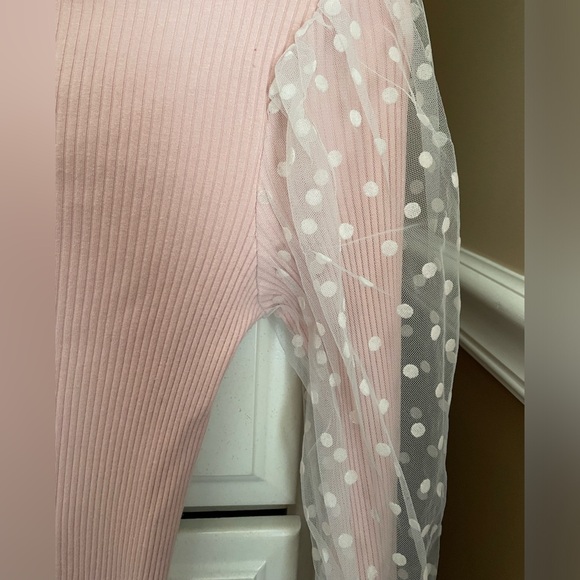 SHEIN Pink Ribbed Blouse with Sheer Polka Dot Sleeves - Picture 2 of 4